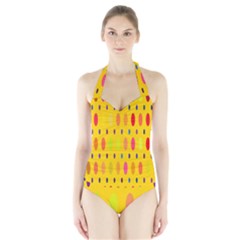 Banner-polkadot-yellow Halter Swimsuit by nate14shop