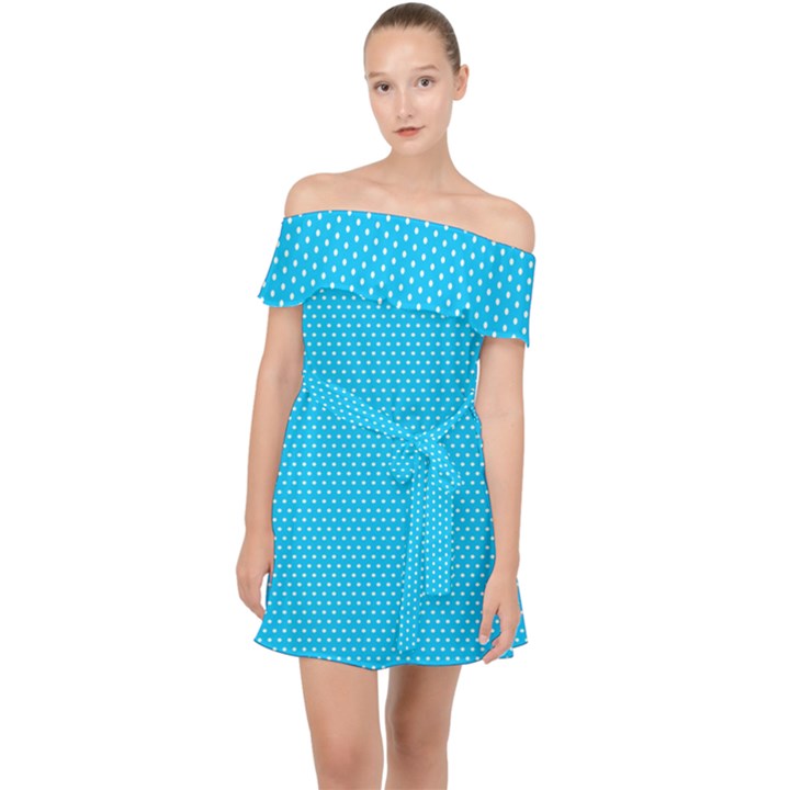 Blue,polkadots,polka Off Shoulder Chiffon Dress