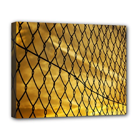 Chain Link Fence Sunset Wire Steel Fence Deluxe Canvas 20  X 16  (stretched) by artworkshop