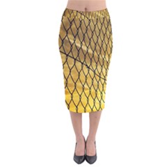 Chain Link Fence Sunset Wire Steel Fence Velvet Midi Pencil Skirt by artworkshop