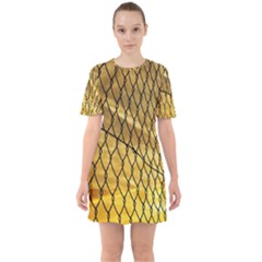 Chain Link Fence Sunset Wire Steel Fence Sixties Short Sleeve Mini Dress by artworkshop