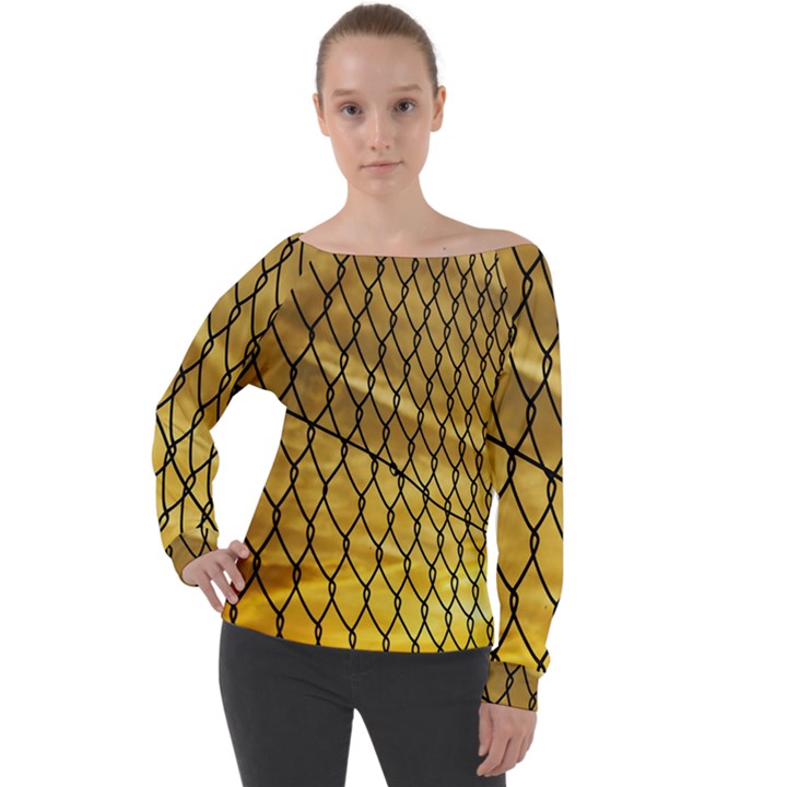 Chain Link Fence Sunset Wire Steel Fence Off Shoulder Long Sleeve Velour Top