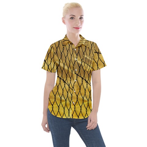 Chain Link Fence Sunset Wire Steel Fence Women s Short Sleeve Pocket Shirt by artworkshop