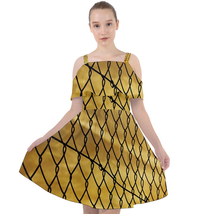 Chain Link Fence Sunset Wire Steel Fence Cut Out Shoulders Chiffon Dress