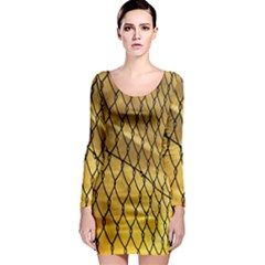 Chain Link Fence Sunset Wire Steel Fence Long Sleeve Bodycon Dress by artworkshop