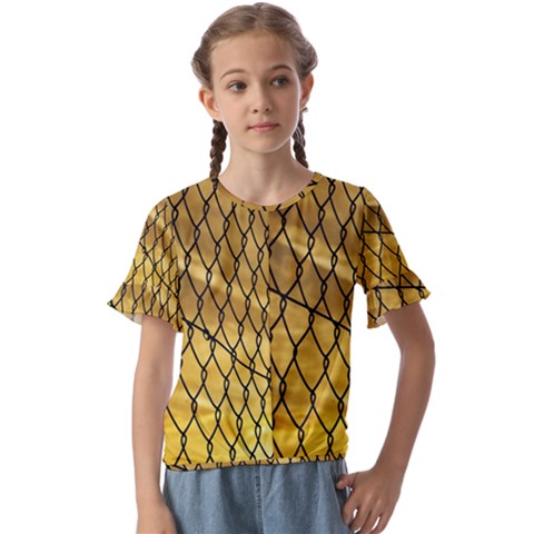 Chain Link Fence Sunset Wire Steel Fence Kids  Cuff Sleeve Scrunch Bottom Tee by artworkshop