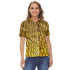 Chain Link Fence Sunset Wire Steel Fence Women s Short Sleeve Double Pocket Shirt