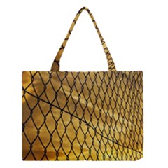 Chain Link Fence Sunset Wire Steel Fence Medium Tote Bag by artworkshop