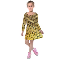 Chain Link Fence Sunset Wire Steel Fence Kids  Long Sleeve Velvet Dress by artworkshop