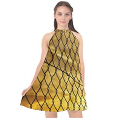 Chain Link Fence Sunset Wire Steel Fence Halter Neckline Chiffon Dress  by artworkshop