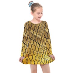 Chain Link Fence Sunset Wire Steel Fence Kids  Long Sleeve Dress by artworkshop