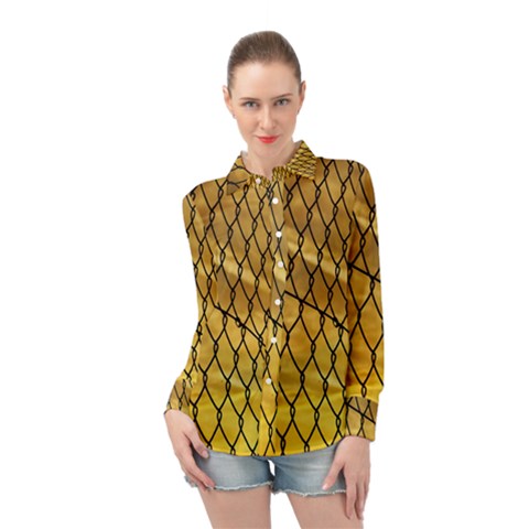 Chain Link Fence Sunset Wire Steel Fence Long Sleeve Chiffon Shirt by artworkshop