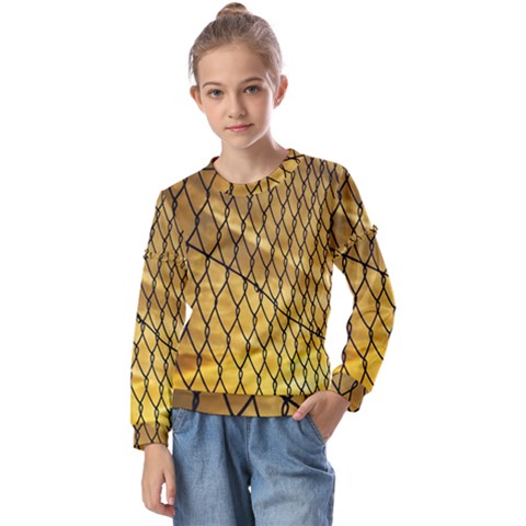 Chain Link Fence Sunset Wire Steel Fence Kids  Long Sleeve Tee With Frill  by artworkshop