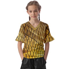 Chain Link Fence Sunset Wire Steel Fence Kids  V-neck Horn Sleeve Blouse by artworkshop