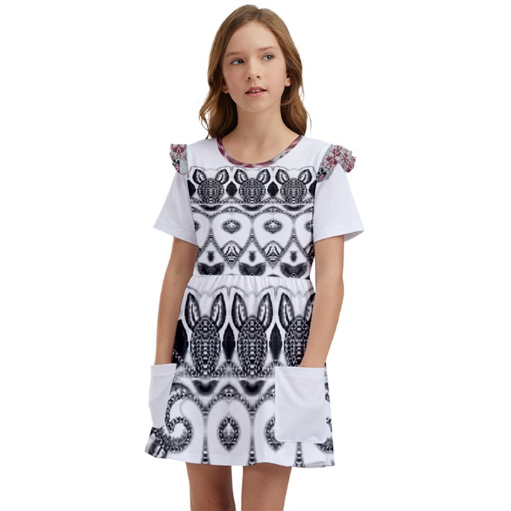 IM Fourth Dimension Black White 12 Kids  Frilly Sleeves Pocket Dress