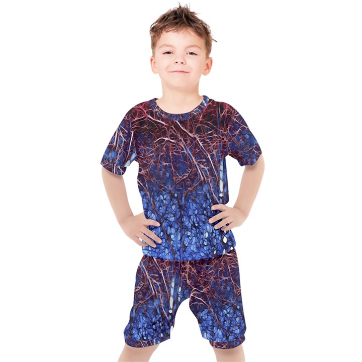 Autumn Fractal Forest Background Kids  Tee and Shorts Set