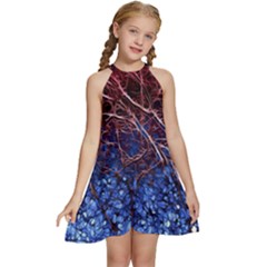 Autumn Fractal Forest Background Kids  Halter Collar Waist Tie Chiffon Dress