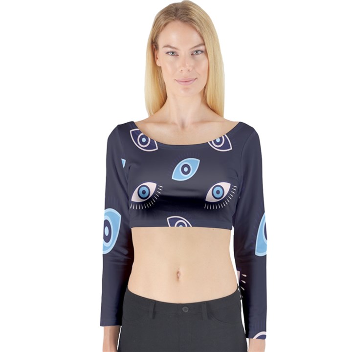 Eyes Evil Eye Blue Pattern Design Long Sleeve Crop Top