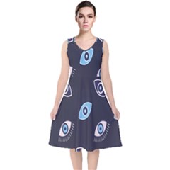 Eyes Evil Eye Blue Pattern Design V-neck Midi Sleeveless Dress  by artworkshop