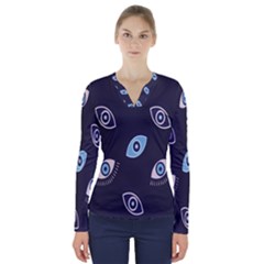 Eyes Evil Eye Blue Pattern Design V-neck Long Sleeve Top by artworkshop