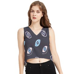 Eyes Evil Eye Blue Pattern Design V-neck Cropped Tank Top