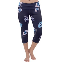 Eyes Evil Eye Blue Pattern Design Capri Yoga Leggings by artworkshop