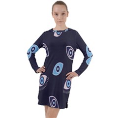 Eyes Evil Eye Blue Pattern Design Long Sleeve Hoodie Dress by artworkshop