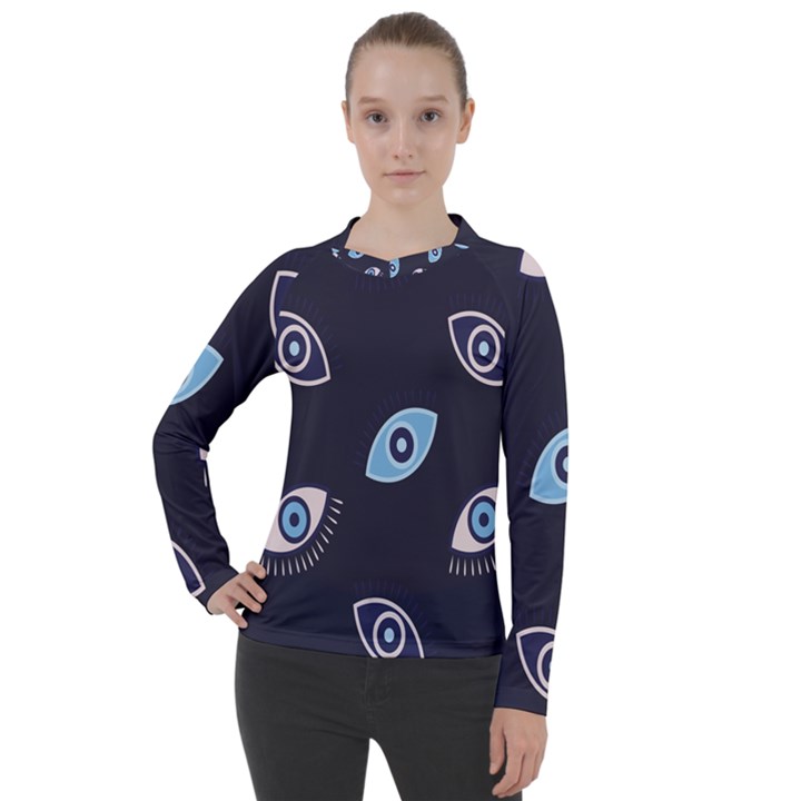 Eyes Evil Eye Blue Pattern Design Women s Pique Long Sleeve Tee