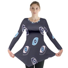 Eyes Evil Eye Blue Pattern Design Long Sleeve Tunic  by artworkshop