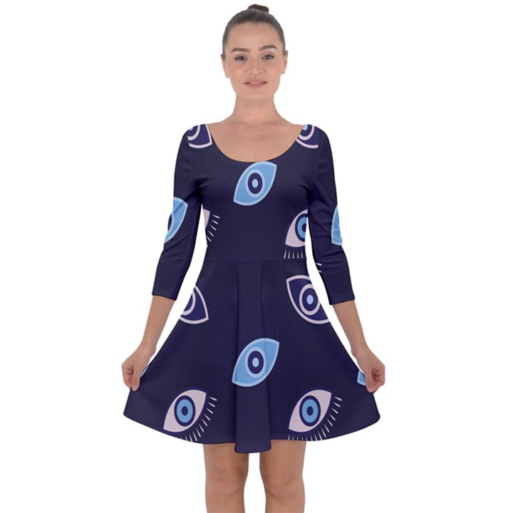 Eyes Evil Eye Blue Pattern Design Quarter Sleeve Skater Dress