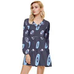 Eyes Evil Eye Blue Pattern Design Tiered Long Sleeve Mini Dress by artworkshop