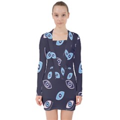 Eyes Evil Eye Blue Pattern Design V-neck Bodycon Long Sleeve Dress by artworkshop