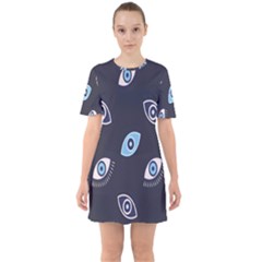 Eyes Evil Eye Blue Pattern Design Sixties Short Sleeve Mini Dress by artworkshop