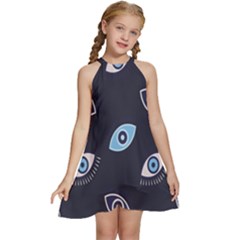 Eyes Evil Eye Blue Pattern Design Kids  Halter Collar Waist Tie Chiffon Dress by artworkshop