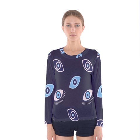 Eyes Evil Eye Blue Pattern Design Women s Long Sleeve Tee by artworkshop