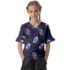 Eyes Evil Eye Blue Pattern Design Kids  V-neck Horn Sleeve Blouse by artworkshop