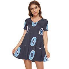 Eyes Evil Eye Blue Pattern Design Tiered Short Sleeve Babydoll Dress by artworkshop