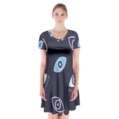 Eyes Evil Eye Blue Pattern Design Short Sleeve V-neck Flare Dress by artworkshop