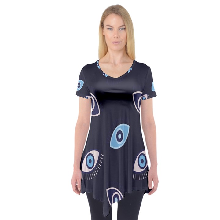 Eyes Evil Eye Blue Pattern Design Short Sleeve Tunic 