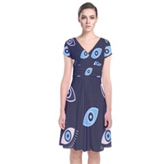 Eyes Evil Eye Blue Pattern Design Short Sleeve Front Wrap Dress by artworkshop