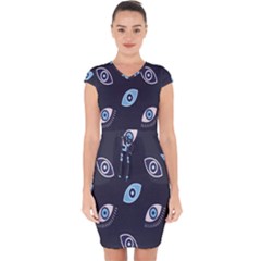 Eyes Evil Eye Blue Pattern Design Capsleeve Drawstring Dress 