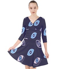 Eyes Evil Eye Blue Pattern Design Quarter Sleeve Front Wrap Dress by artworkshop