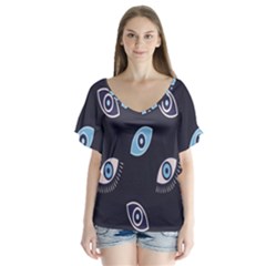 Eyes Evil Eye Blue Pattern Design V-neck Flutter Sleeve Top by artworkshop