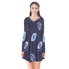 Eyes Evil Eye Blue Pattern Design Long Sleeve V-neck Flare Dress by artworkshop