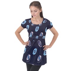 Eyes Evil Eye Blue Pattern Design Puff Sleeve Tunic Top by artworkshop