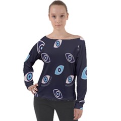 Eyes Evil Eye Blue Pattern Design Off Shoulder Long Sleeve Velour Top by artworkshop