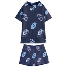 Eyes Evil Eye Blue Pattern Design Kids  Swim Tee And Shorts Set by artworkshop