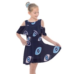 Eyes Evil Eye Blue Pattern Design Kids  Shoulder Cutout Chiffon Dress by artworkshop