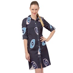 Eyes Evil Eye Blue Pattern Design Long Sleeve Mini Shirt Dress