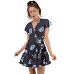 Eyes Evil Eye Blue Pattern Design Flutter Sleeve Wrap Dress by artworkshop